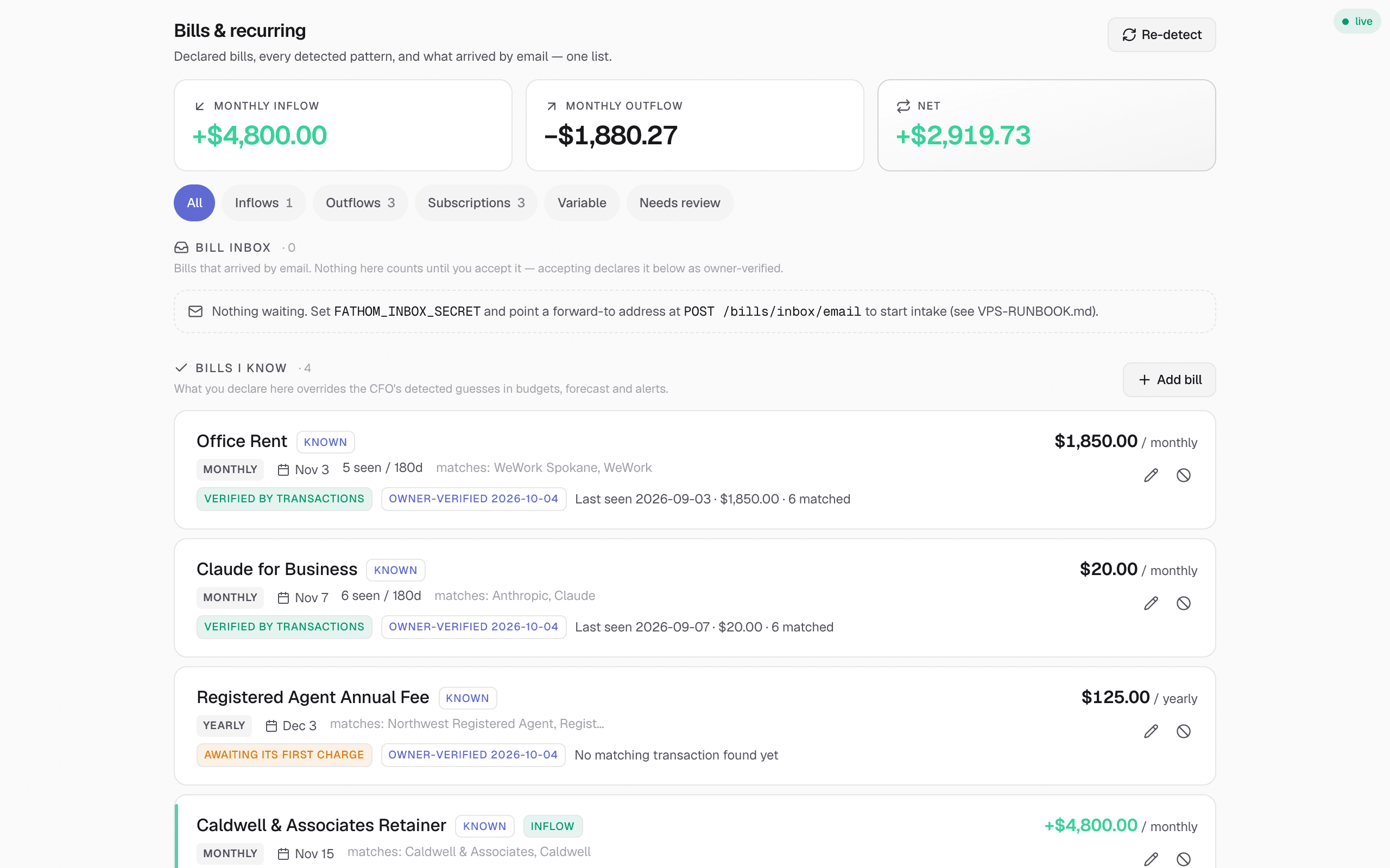 JuniFi bills and recurring page for a demo account, showing declared obligations with their evidence states — verified by transactions, or awaiting its first charge