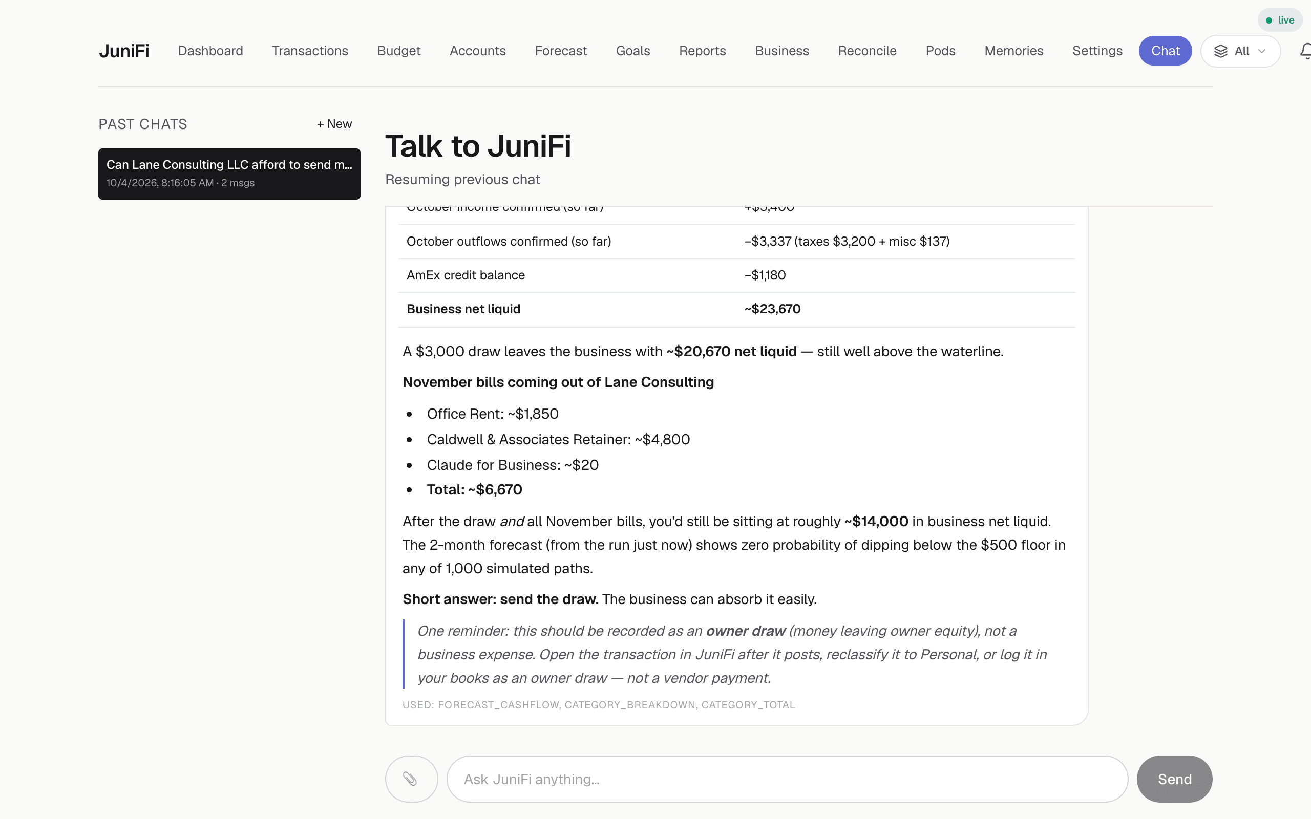 A conversation with JuniFi's AI CFO for a demo account, answering whether the business can afford a $3,000 owner draw by citing real account balances, declared bills and the forecast